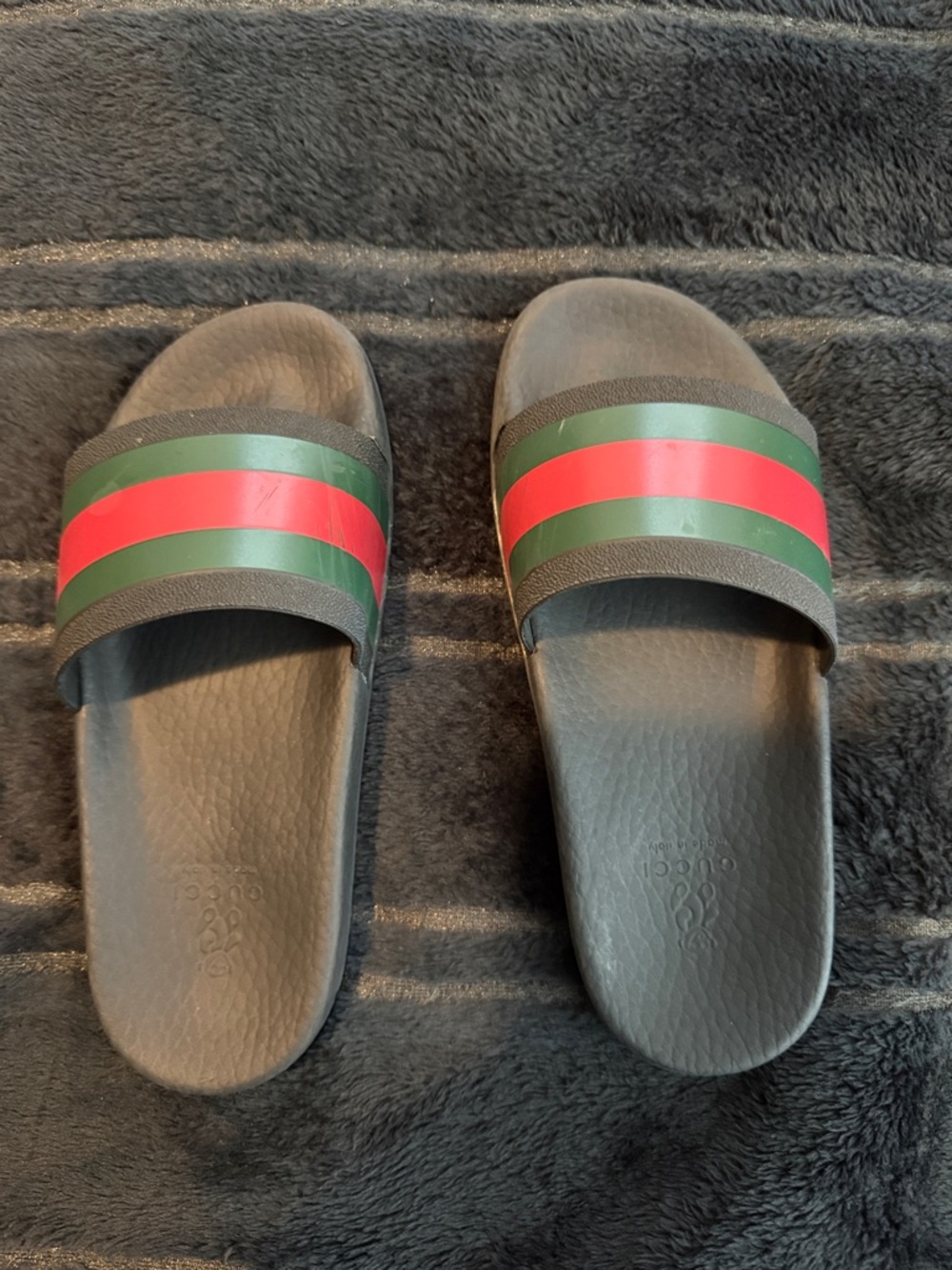 Kids Gucci Black Slides with Green and Red Web Stripes